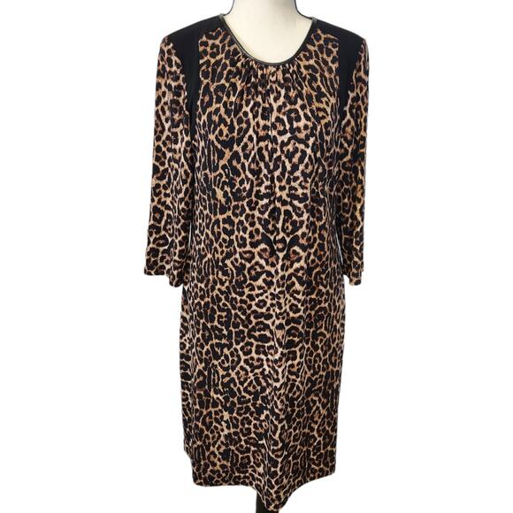 Chico's Annie Leopard Animal Midi 3/4 Sleeve Stretch Dress NWOT Size 8 - Picture 1 of 9